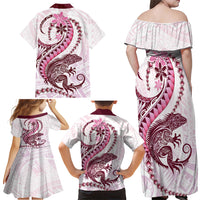 Pink Maori Tuatara Family Matching Off Shoulder Maxi Dress and Hawaiian Shirt Luxury Pastel Pattern LT01 - Polynesian Pride