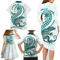 Teal Maori Tuatara Family Matching Long Sleeve Bodycon Dress and Hawaiian Shirt Luxury Pastel Pattern LT01 - Polynesian Pride