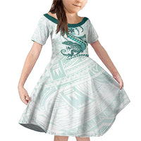 Teal Maori Tuatara Family Matching Mermaid Dress and Hawaiian Shirt Luxury Pastel Pattern LT01 Daughter's Dress Teal - Polynesian Pride
