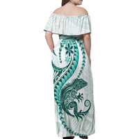 Teal Maori Tuatara Family Matching Off Shoulder Maxi Dress and Hawaiian Shirt Luxury Pastel Pattern LT01 - Polynesian Pride