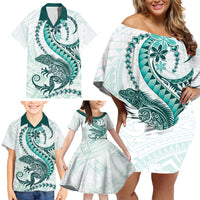 Teal Maori Tuatara Family Matching Off Shoulder Short Dress and Hawaiian Shirt Luxury Pastel Pattern LT01 - Polynesian Pride