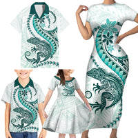 Teal Maori Tuatara Family Matching Short Sleeve Bodycon Dress and Hawaiian Shirt Luxury Pastel Pattern LT01 - Polynesian Pride