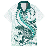 Teal Maori Tuatara Family Matching Short Sleeve Bodycon Dress and Hawaiian Shirt Luxury Pastel Pattern LT01 Dad's Shirt - Short Sleeve Teal - Polynesian Pride