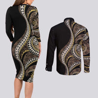 Hawaii Pineapple Brown Tribal Pattern Couples Matching Long Sleeve Bodycon Dress and Long Sleeve Button Shirt - Polynesian Pride