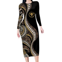 Hawaii Pineapple Brown Tribal Pattern Family Matching Long Sleeve Bodycon Dress and Hawaiian Shirt - Polynesian Pride