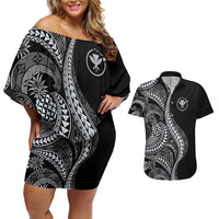 Hawaii Pineapple Gray Scale Tribal Pattern Couples Matching Off Shoulder Short Dress and Hawaiian Shirt - Polynesian Pride