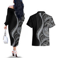 Hawaii Pineapple Gray Scale Tribal Pattern Couples Matching Off The Shoulder Long Sleeve Dress and Hawaiian Shirt - Polynesian Pride