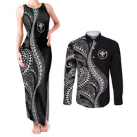 Hawaii Pineapple Gray Scale Tribal Pattern Couples Matching Tank Maxi Dress and Long Sleeve Button Shirt - Polynesian Pride