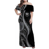 Hawaii Pineapple Gray Scale Tribal Pattern Family Matching Off Shoulder Maxi Dress and Hawaiian Shirt - Polynesian Pride