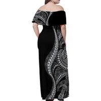 Hawaii Pineapple Gray Scale Tribal Pattern Family Matching Off Shoulder Maxi Dress and Hawaiian Shirt - Polynesian Pride