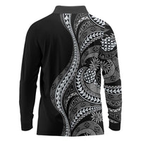 Hawaii Pineapple Gray Scale Tribal Pattern Long Sleeve Polo Shirt - Polynesian Pride