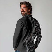 Hawaii Pineapple Gray Scale Tribal Pattern Long Sleeve Polo Shirt - Polynesian Pride