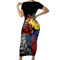 New Zealand Kohwhai Tui Bird Short Sleeve Bodycon Dress Silver Fern Version LT03 Long Dress Black - Polynesian Pride