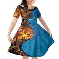 Fiji and Australia Together Family Matching Off The Shoulder Long Sleeve Dress and Hawaiian Shirt Tapa Tribal Tattoo mix Aboriginal Pattern LT03 Daughter's Dress Black - Polynesian Pride