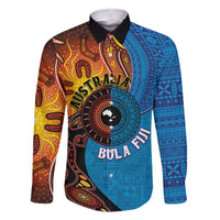 Fiji and Australia Together Family Matching Off The Shoulder Long Sleeve Dress and Hawaiian Shirt Tapa Tribal Tattoo mix Aboriginal Pattern LT03 Dad's Shirt - Long Sleeve Black - Polynesian Pride