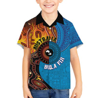 Fiji and Australia Together Family Matching Off The Shoulder Long Sleeve Dress and Hawaiian Shirt Tapa Tribal Tattoo mix Aboriginal Pattern LT03 Son's Shirt Black - Polynesian Pride