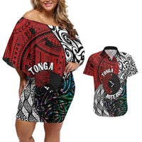 Tonga and New Zealand Together Couples Matching Off Shoulder Short Dress and Hawaiian Shirt Tongan Kupesi Ngatu Tattoo and Maori Paua Shell Pattern LT03 Black - Polynesian Pride