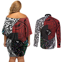 Tonga and New Zealand Together Couples Matching Off Shoulder Short Dress and Long Sleeve Button Shirt Tongan Kupesi Ngatu Tattoo and Maori Paua Shell Pattern LT03 - Polynesian Pride