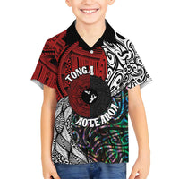 Tonga and New Zealand Together Family Matching Off Shoulder Maxi Dress and Hawaiian Shirt Tongan Kupesi Ngatu Tattoo and Maori Paua Shell Pattern LT03 Son's Shirt Black - Polynesian Pride