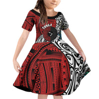 Tonga and New Zealand Together Family Matching Off Shoulder Short Dress and Hawaiian Shirt Tongan Kupesi Ngatu Tattoo and Maori Paua Shell Pattern LT03 Daughter's Dress Black - Polynesian Pride