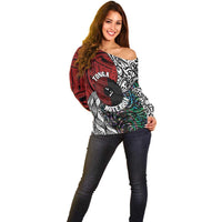 Tonga and New Zealand Together Off Shoulder Sweater Tongan Kupesi Ngatu Tattoo and Maori Paua Shell Pattern LT03 - Polynesian Pride