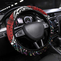 Tonga and New Zealand Together Steering Wheel Cover Tongan Kupesi Ngatu Tattoo and Maori Paua Shell Pattern LT03 Universal Fit Black - Polynesian Pride