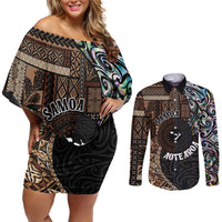 Samoa and New Zealand Together Couples Matching Off Shoulder Short Dress and Long Sleeve Button Shirt Siapo Motif and Maori Paua Shell Pattern