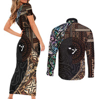 Samoa and New Zealand Together Couples Matching Short Sleeve Bodycon Dress and Long Sleeve Button Shirt Siapo Motif and Maori Paua Shell Pattern