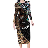 Samoa and New Zealand Together Long Sleeve Bodycon Dress Siapo Motif and Maori Paua Shell Pattern LT03 Long Dress Black - Polynesian Pride