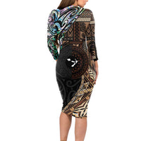 Samoa and New Zealand Together Long Sleeve Bodycon Dress Siapo Motif and Maori Paua Shell Pattern LT03 - Polynesian Pride