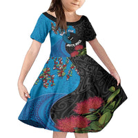 Fiji and New Zealand Together Family Matching Off The Shoulder Long Sleeve Dress and Hawaiian Shirt Tapa Maori Tattoo mix Tagimoucia and Pohutukawa LT03 Daughter's Dress Black - Polynesian Pride