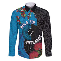 Fiji and New Zealand Together Family Matching Off The Shoulder Long Sleeve Dress and Hawaiian Shirt Tapa Maori Tattoo mix Tagimoucia and Pohutukawa LT03 Dad's Shirt - Long Sleeve Black - Polynesian Pride