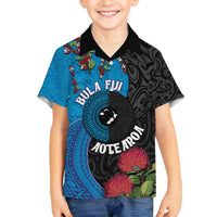Fiji and New Zealand Together Family Matching Off The Shoulder Long Sleeve Dress and Hawaiian Shirt Tapa Maori Tattoo mix Tagimoucia and Pohutukawa LT03 Son's Shirt Black - Polynesian Pride