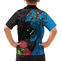 Fiji and New Zealand Together Family Matching Short Sleeve Bodycon Dress and Hawaiian Shirt Tapa Maori Tattoo mix Tagimoucia and Pohutukawa