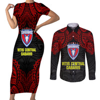 Custom Vitis Central Dabaris Rugby Couples Matching Short Sleeve Bodycon Dress and Long Sleeve Button Shirts Papua New Guinea Polynesian Tattoo LT03 Red - Polynesian Pride