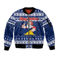 Tokelau Christmas Sleeve Zip Bomber Jacket Santa Claus Tokelau Flag and Coat of Arms with Polynesian Pattern LT03 Unisex Blue - Polynesian Pride