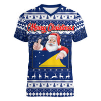 Personalised Tokelau Christmas Women V Neck T Shirt Santa Claus Tokelau Flag and Coat of Arms with Polynesian Pattern LT03 Female Blue - Polynesian Pride