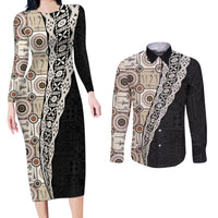 Tukenny Pattern Fijian War Clubs Mix Tapa Tribal Couples Matching Long Sleeve Bodycon Dress and Long Sleeve Button Shirt LT03 Beige - Polynesian Pride
