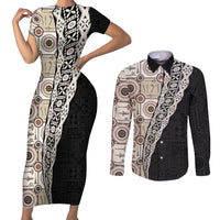 Tukenny Pattern Fijian War Clubs Mix Tapa Tribal Couples Matching Short Sleeve Bodycon Dress and Long Sleeve Button Shirt LT03 Beige - Polynesian Pride