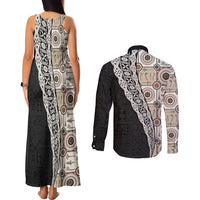 Tukenny Pattern Fijian War Clubs Mix Tapa Tribal Couples Matching Tank Maxi Dress and Long Sleeve Button Shirt LT03 - Polynesian Pride