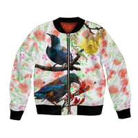 New Zealand Pohutukawa Tui Bird Bomber Jacket Kowhai Version LT03 Unisex White - Polynesian Pride