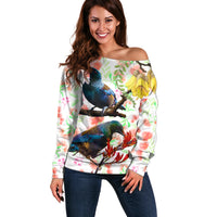 New Zealand Pohutukawa Tui Bird Off Shoulder Sweater Kowhai Version LT03 Women White - Polynesian Pride