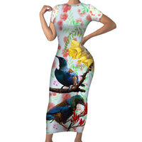New Zealand Pohutukawa Tui Bird Short Sleeve Bodycon Dress Kowhai Version LT03