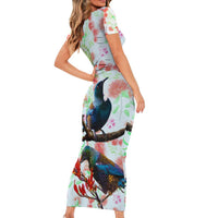 New Zealand Pohutukawa Tui Bird Short Sleeve Bodycon Dress Kowhai Version LT03
