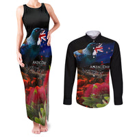 New Zealand ANZAC Day Couples Matching Tank Maxi Dress and Long Sleeve Button Shirt Pohutukawa Flower and Tui Bird LT03 Black - Polynesian Pride