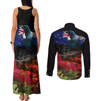 New Zealand ANZAC Day Couples Matching Tank Maxi Dress and Long Sleeve Button Shirt Pohutukawa Flower and Tui Bird LT03 - Polynesian Pride