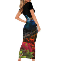 New Zealand ANZAC Day Short Sleeve Bodycon Dress Pohutukawa Flower and Tui Bird LT03 - Polynesian Pride