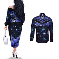 New Zealand Matariki Couples Matching Off The Shoulder Long Sleeve Dress and Long Sleeve Button Shirt Maori Pattern and Matariki Sky Night LT03 - Polynesian Pride