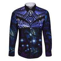 New Zealand Matariki Family Matching Long Sleeve Bodycon Dress and Hawaiian Shirt Maori Pattern and Matariki Sky Night LT03 Dad's Shirt - Long Sleeve Blue - Polynesian Pride