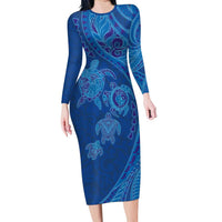 Hawaiian Turtles and Polynesian Art Tattoo Long Sleeve Bodycon Dress Ocean Abyss